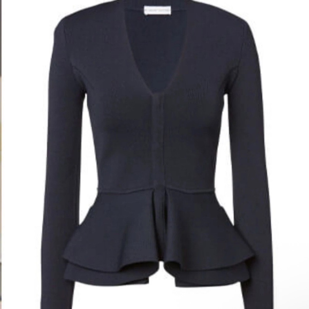 Scanlan Theodore Black V-Neck jacket top Peplum skirt set small crepe knit
